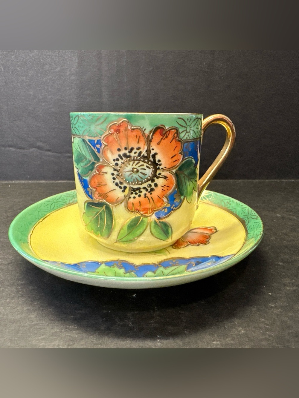 Moriyama Mori Machi Tea Demitasse Cup 2 Saucers Floral Moriage Lusterware READ